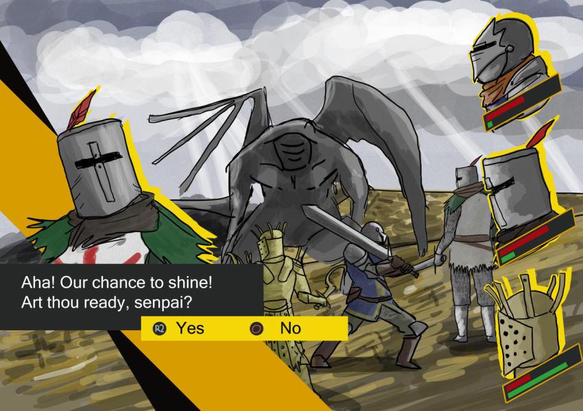 3boys all-out_attack armor atlus belfry_gargoyle dark_souls_(series) dark_souls_i english_text fromsoftware helmet kayinworks knight knight_lautrec_of_carim knight_of_astora_oscar male_focus medieval monster multiple_boys parody persona persona_4 solaire_of_astora sword weapon wings