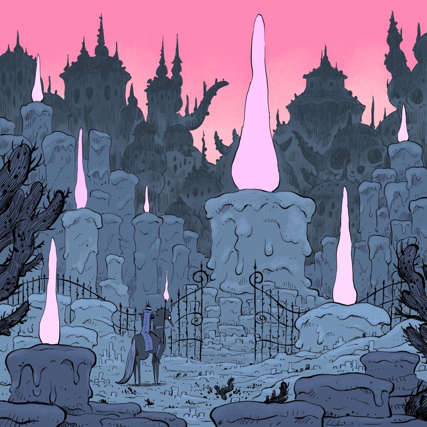 animal architecture building cactus candle fantasy fire from_behind gate highres holding holding_torch horse horseback_riding knight migamigami original outdoors riding rock ruins scenery sky solo torch wide_shot