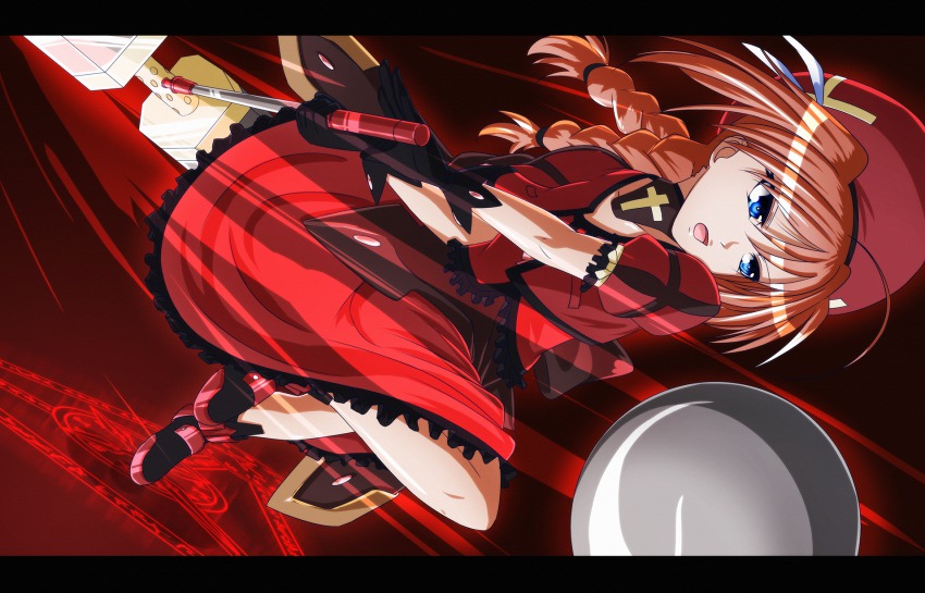 1girl ahoge attack beret black_gloves black_shoes blue_eyes bow braid bustier cropped_jacket cross dress female_focus floating flying frills gloves graf_eisen hair_intakes hair_ornament hammer hat highres jacket letterboxed long_hair lyrical_nanoha magic_circle mahou_shoujo_lyrical_nanoha mahou_shoujo_lyrical_nanoha_a&#039;s metal open_clothes open_jacket open_mouth orange_hair orb puffy_short_sleeves puffy_sleeves red_dress red_hair red_shirt ribbon shirt shoes short_sleeves solo tappa_(esperanza) twin_braids vita_(nanoha) yellow_ribbon