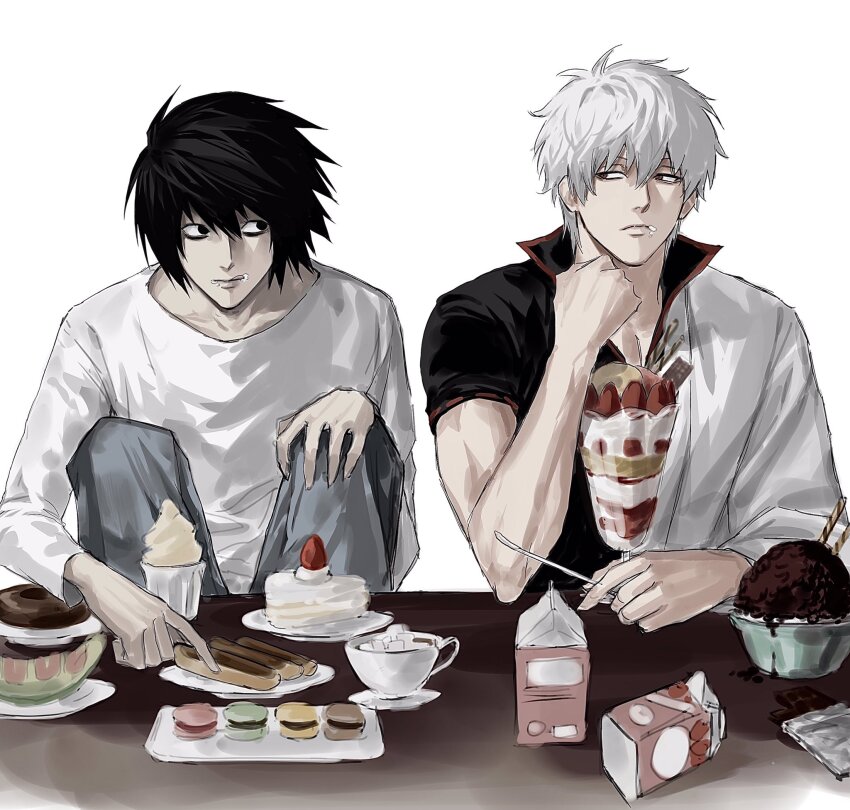 2boys bowl cake cake_slice crossover death_note eating eclair_(food) food fruit gintama highres ice_cream l_(death_note) male_focus milk_carton multiple_boys sakata_gintoki sso_s strawberry white_hair