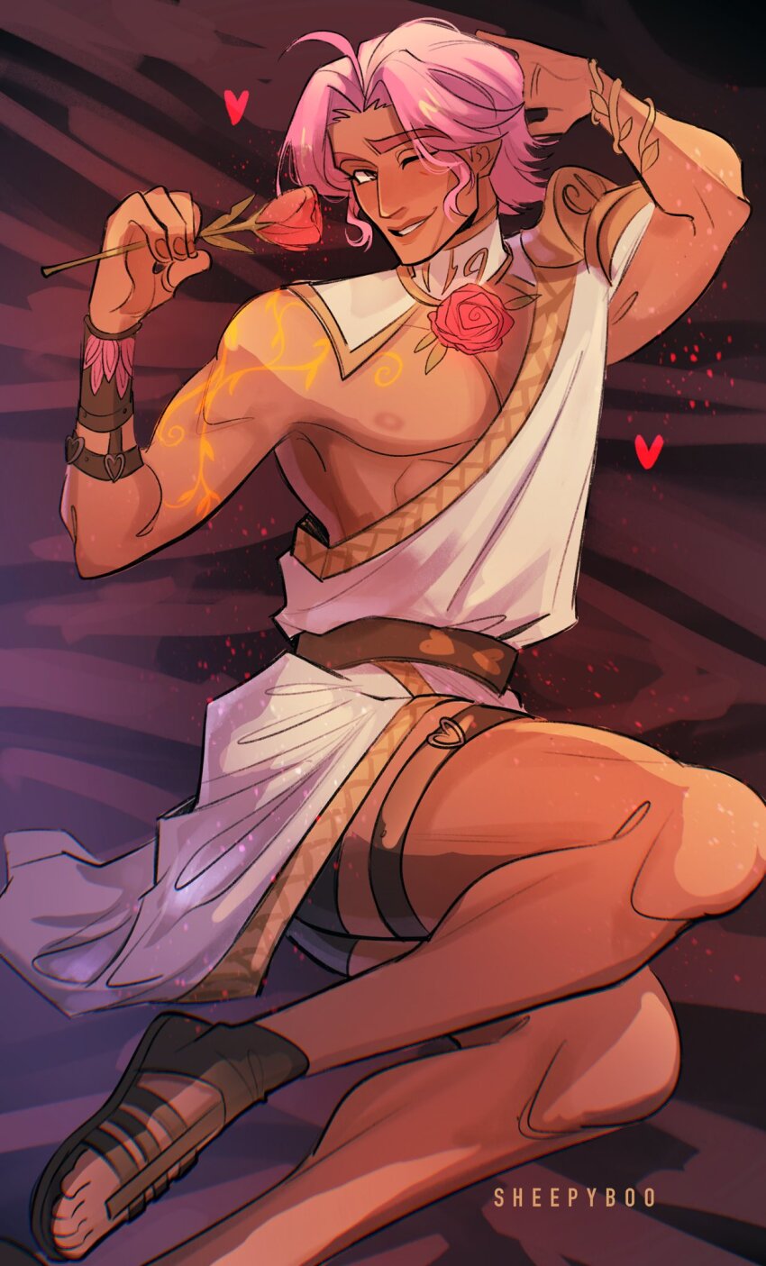 blush dark-skinned_male dark_skin flower heart highres holding holding_flower lifeweaver_(overwatch) looking_at_viewer one_eye_closed one_pectoral_out overwatch pink_hair rose sheepyboo