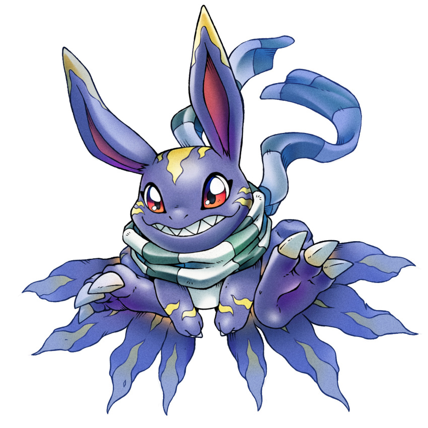 claws digimon digimon_(creature) elecmon_(violet) highres red_eyes scarf sharp_teeth simple_background solo teeth white_background
