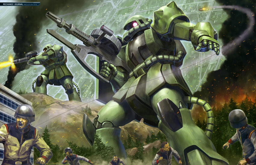 5boys absurdres artist_request battle building cable damaged dirty dust_cloud earth_federation fake_screenshot fleeing gun gundam gundam_perfect_file helmet highres holding holding_weapon machine_gun machinery mecha military_uniform mobile_suit mobile_suit_gundam multiple_boys o&#039;neill_cylinder official_art one-eyed pink_eyes realistic robot running scan science_fiction shield shoulder_spikes shouting soldier spikes traditional_media weapon window zaku_ii zeon