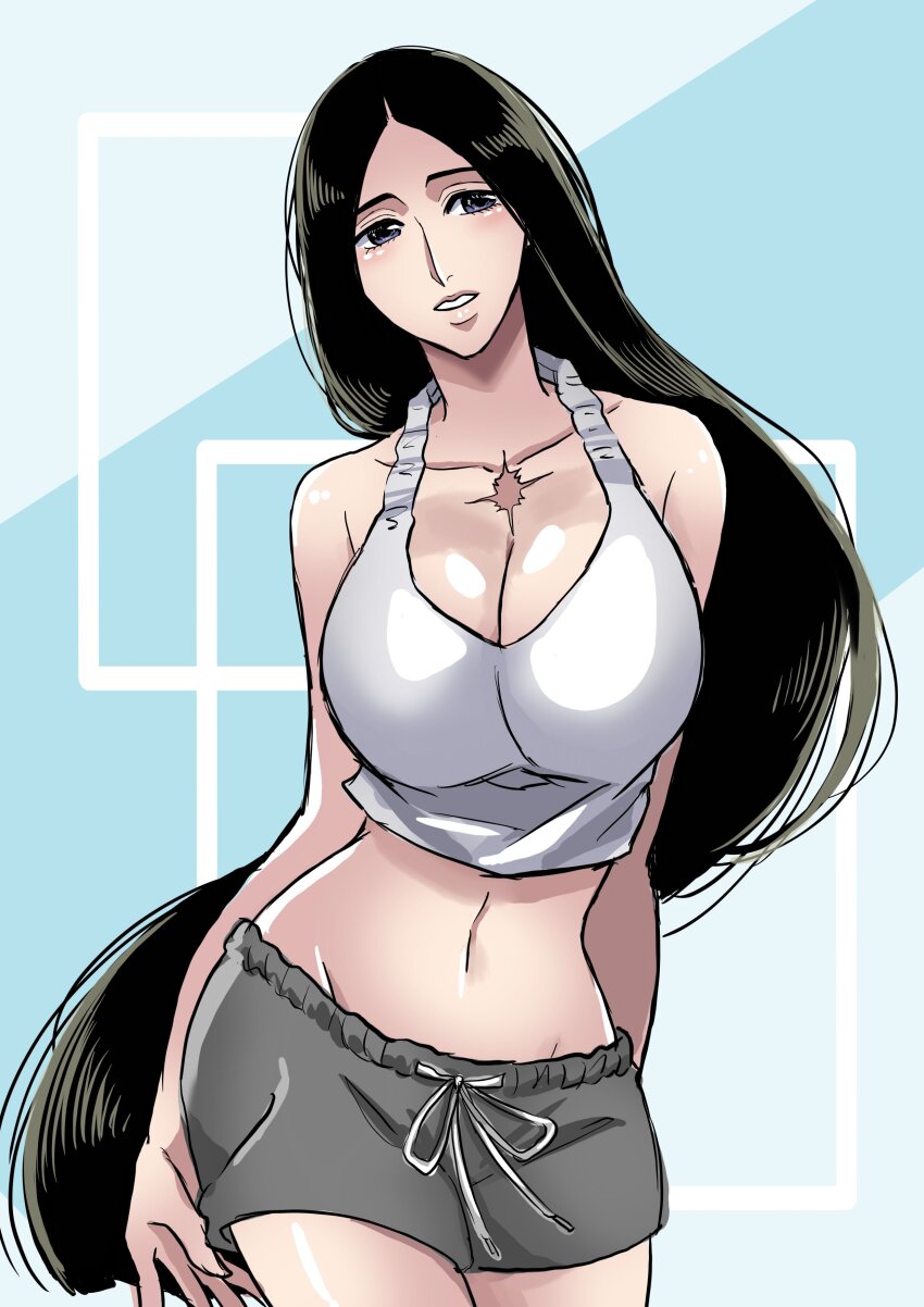1girl absurdres anno_im black_hair bleach blue_background breasts cleavage collarbone commentary cowboy_shot grey_shorts highres huge_breasts long_hair navel purple_eyes scar scar_on_chest shorts solo stomach tank_top thighs two-tone_background unohana_retsu very_long_hair white_tank_top