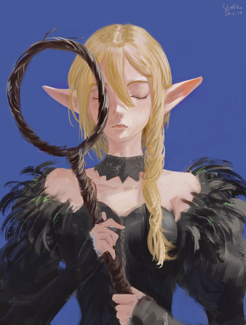 1girl absurdres blonde_hair blue_background closed_eyes dress dungeon_meshi elf highres holding long_hair marcille_donato pointy_ears simple_background ujin_holo