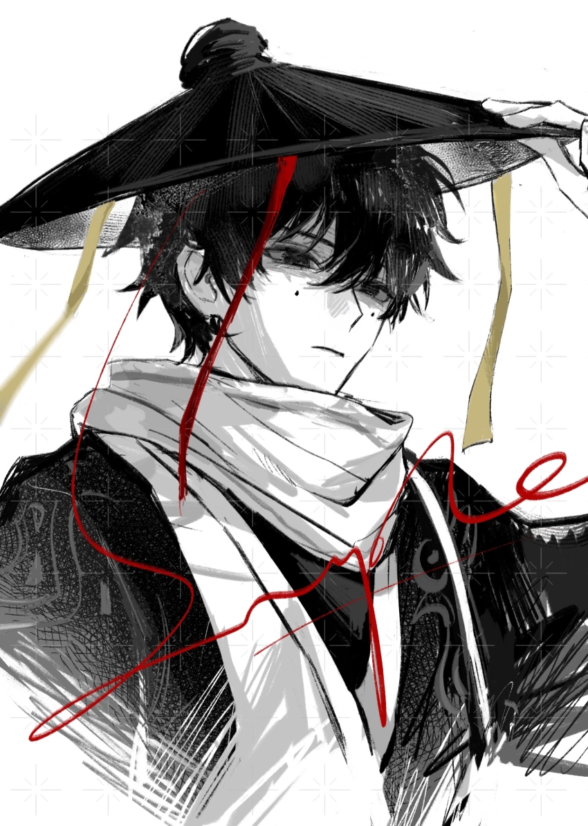 1boy ajirogasa cen_boyao chinese_commentary closed_mouth commentary_request e666lofter4 greyscale hair_between_eyes hair_bun hat highres huayangshan_jishi jacket male_focus mole mole_under_each_eye mole_under_eye monochrome multiple_moles open_clothes open_jacket sample_watermark scarf short_hair solo spot_color watermark white_background