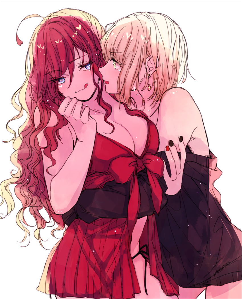 2girls amane_(7783) babydoll bare_arms bare_shoulders black_cardigan black_nails blonde_hair breasts cardigan closed_mouth commentary_request earrings hand_up heart highres hug ichinose_shiki idolmaster idolmaster_cinderella_girls jewelry large_breasts licking_lips miyamoto_frederica multicolored_nails multiple_girls off_shoulder purple_eyes red_babydoll red_nails short_hair simple_background sweat tongue tongue_out white_background yuri