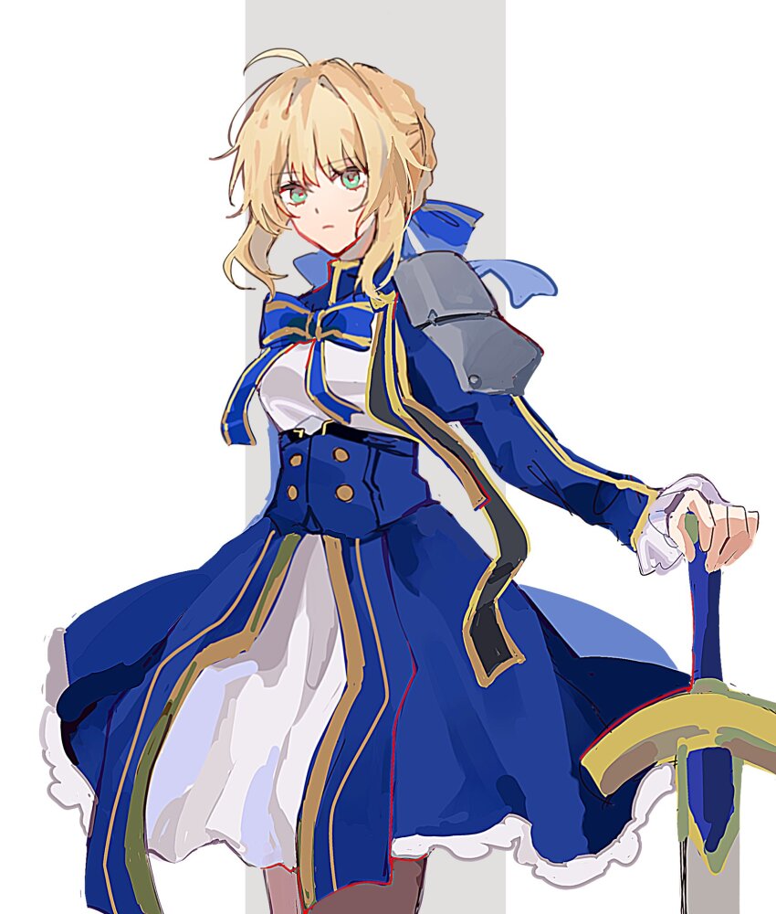 1girl ahoge artoria_pendragon_(fate) blonde_hair blue_bow blue_bowtie blue_ribbon bow bowtie closed_mouth dress fate/stay_night fate/unlimited_blade_works fate_(series) green_eyes hair_ribbon highres holding holding_sword holding_weapon honkai:_star_rail honkai_(series) k_7s long_sleeves looking_at_viewer official_alternate_costume ribbon saber_(fate) saber_(honkai:_star_rail)_(fate) short_hair simple_background solo sword weapon