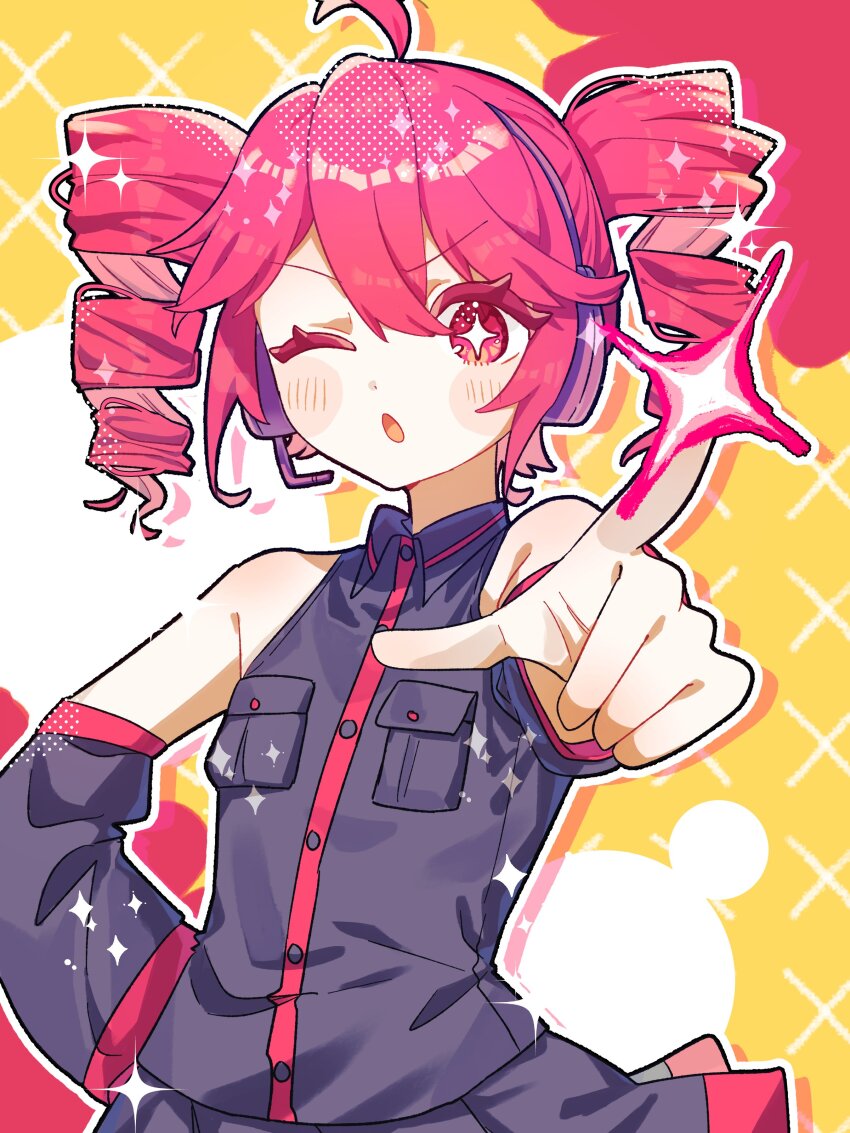+_+ 1girl :o absurdres ahoge bare_shoulders black_shirt black_skirt black_sleeves blush buttons collared_shirt commentary_request conc_re detached_sleeves drill_hair hand_on_own_hip headset highres kasane_teto kasane_teto_(utau) long_sleeves looking_at_viewer open_mouth outline pleated_skirt pointing pointing_at_viewer red_eyes red_hair shirt short_hair skirt sleeveless sleeveless_shirt solo twin_drills upper_body utau white_outline yellow_background