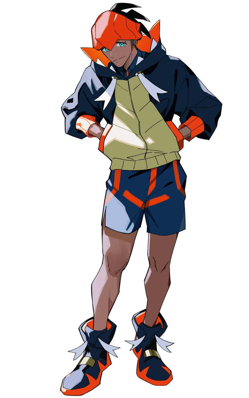 1boy absurdres aqua_eyes black_hair black_hoodie black_shoes closed_mouth commentary_request full_body hands_in_pockets headband highres hood hood_down hoodie kibana_daisuki_man knees male_focus nintendo orange_headband pokemon pokemon_swsh raihan_(pokemon) shoes short_hair shorts side_slit side_slit_shorts simple_background smile solo standing tassel white_background