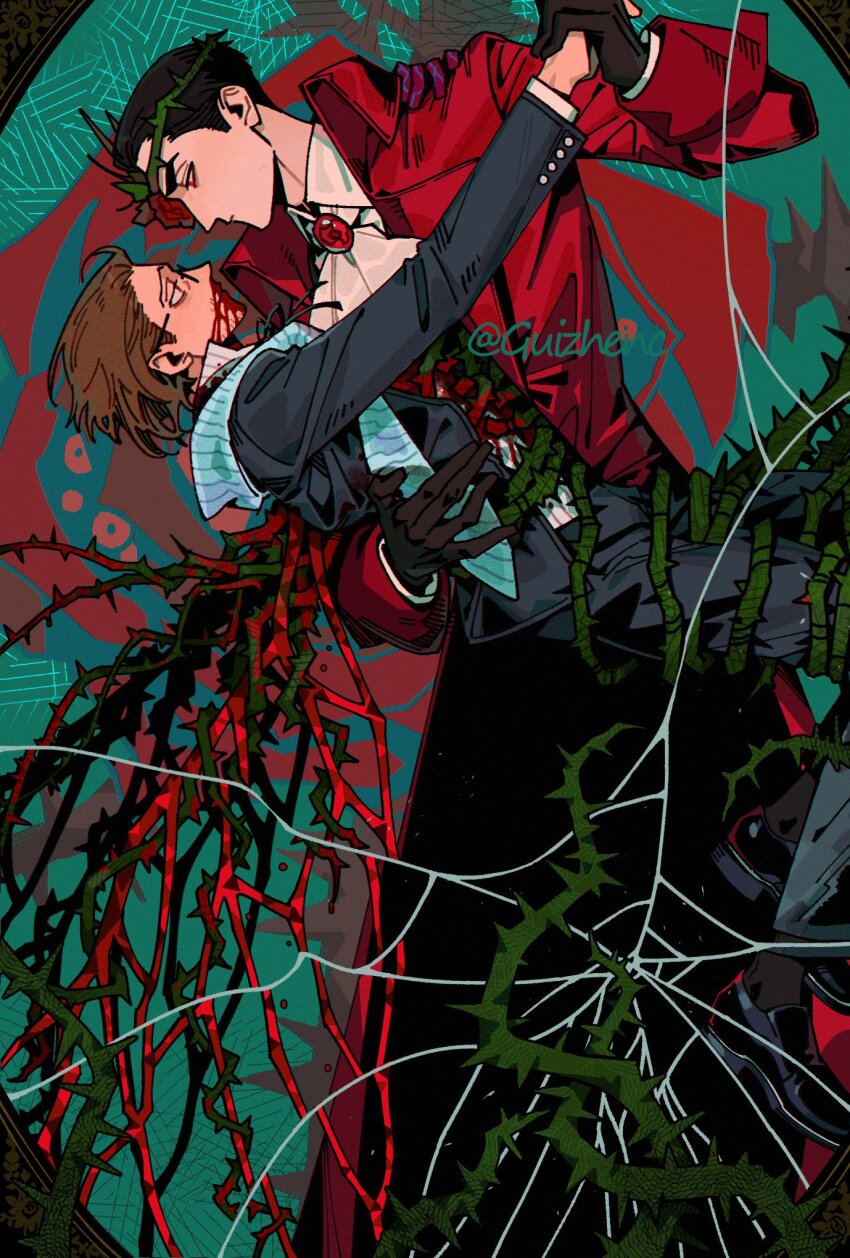 2boys arm_vines beard_stubble black_gloves black_suit blood blood_on_clothes blood_on_face blood_on_mouth brambles broken_glass brooch coat collared_shirt colored_extremities cracked_screen crown_of_thorns facial_hair flower formal_clothes frills glass glasses gloves gregor_(project_moon) guizhenc hand_on_another&#039;s_shoulder hand_on_another&#039;s_waist high_collar highres holding_hands jewelry la_manchaland_(identity)_(project_moon) limbus_company looking_at_another meursault_(project_moon) multiple_boys neck_ribbon one_eye_covered overgrown plant project_moon red_coat red_hands ribbon rose shirt stole stubble suit tango vines white_shirt yearning-mircalla_(e.g.o)