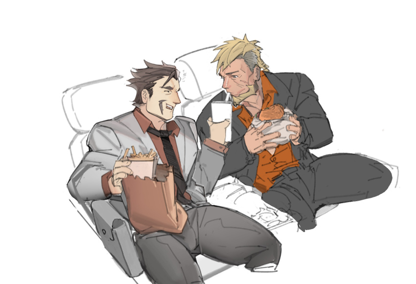 alois_rangeld bara beard black_necktie black_suit burger couple cropped_legs cup disposable_cup facial_hair feeding fire_emblem fire_emblem:_three_houses food formal_clothes french_fries full_beard grey_suit highres holding holding_food jeralt_reus_eisner long_mustache luboyaqqz male_focus mature_male movie_theater muscular muscular_male mustache necktie nintendo orange_shirt shirt short_hair sideburns sitting sketch_background suit thick_beard thighs unfinished yaoi