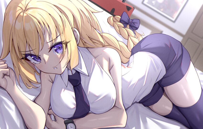 1girl :o absurdres bare_shoulders black_thighhighs blonde_hair blush bow braid breasts commentary_request fate/apocrypha fate_(series) hair_bow highres indoors jeanne_d&#039;arc_(fate) jeanne_d&#039;arc_(girl_from_orleans)_(fate) large_breasts long_hair looking_at_viewer lying necktie official_alternate_costume on_bed purple_bow purple_eyes purple_necktie solo thighhighs toukan very_long_hair watch wristwatch
