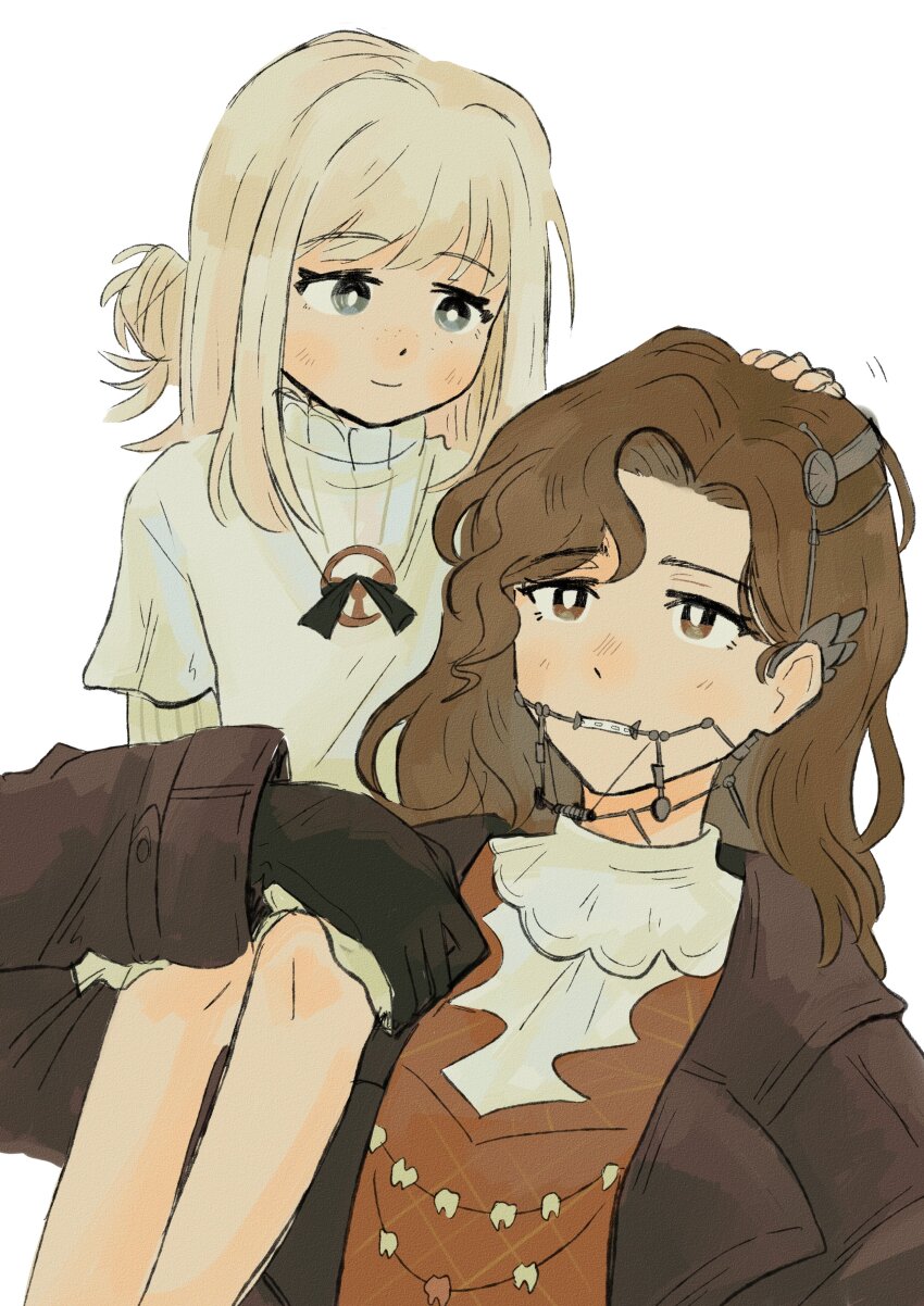 2girls absurdres aged_down black_bow black_bowtie black_gloves bow bowtie braces bright_pupils brown_coat brown_eyes brown_hair carrying carrying_person coat dress feet_out_of_frame freckles gloves grey_eyes grey_hair hair_bun hand_on_another&#039;s_head hand_up headpat highres jewelry layered_sleeves long_hair long_sleeves looking_at_another looking_at_viewer medium_dress medium_hair mogufuuri multiple_girls necklace red_dress reverse:1999 shirt short_over_long_sleeves short_sleeves single_side_bun sitting_on_shoulder teeth tooth_fairy_(reverse:1999) tooth_necklace upper_body vertin_(reverse:1999) white_background white_dress white_pupils white_shirt