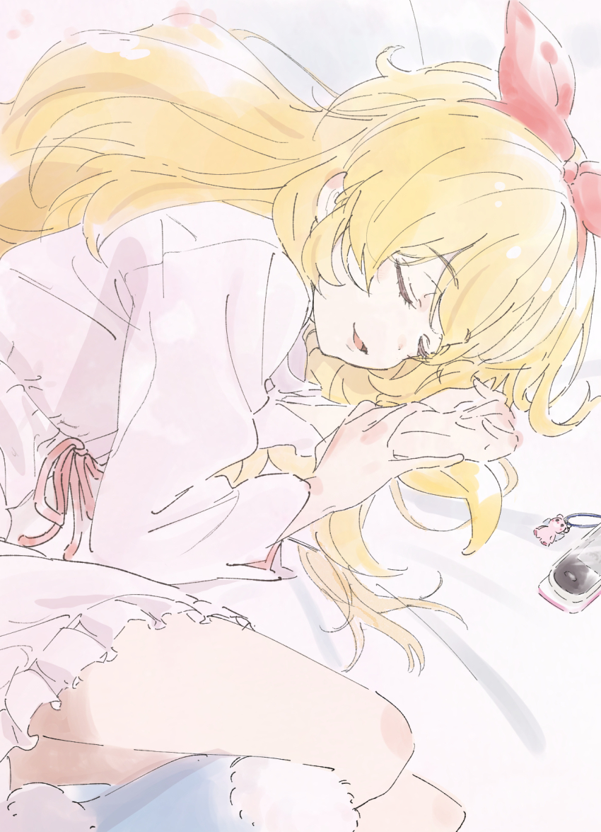 1girl aikatsu! aikatsu!_(series) blonde_hair blue_socks bow bow_hairband cellphone closed_eyes dot_nose dress dress_ribbon frilled_dress frills from_above hair_bow hairband highres hoshimiya_ichigo long_hair long_sleeves lying medium_dress on_bed on_side open_mouth own_hands_together phone pink_dress red_bow red_hairband red_ribbon ribbon saitou_atsushi_(kamatamanankotu) sleeping socks solo straight_hair