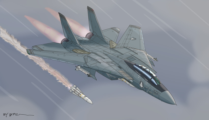 absurdres aerial_battle afterburner aircraft airplane battle canopy_(aircraft) cloud commentary_request contrail dogfight f-14_tomcat fighter_jet firing flying glint highres macross macross_zero military_vehicle missile motion_lines no_humans roundel science_fiction signature u.n._spacy user_wymk5575