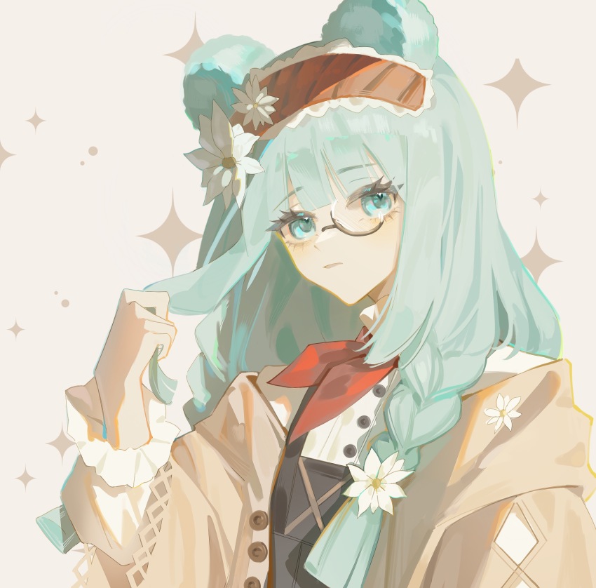 1girl absurdres animal_ears aqua_eyes aqua_hair arknights black_vest braid brown_cardigan buttons cardigan chinese_commentary chromatic_aberration commentary_request fang_qing flower hair_flower hair_ornament highres holding holding_own_hair istina_(arknights) istina_(bibliosmia)_(arknights) long_hair long_sleeves looking_at_viewer monocle official_alternate_costume open_cardigan open_clothes parted_lips shirt simple_background solo sparkle upper_body vest white_background white_flower white_shirt