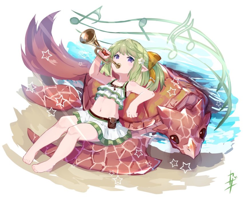 1girl beach bikini bugle granblue_fantasy green_hair harvin instrument kazana_(sakuto) lying midget mimlememel music musical_note navel on_back petite playing_instrument pointy_ears ponytail purple_eyes sea_turtle signature solo swimsuit turtle
