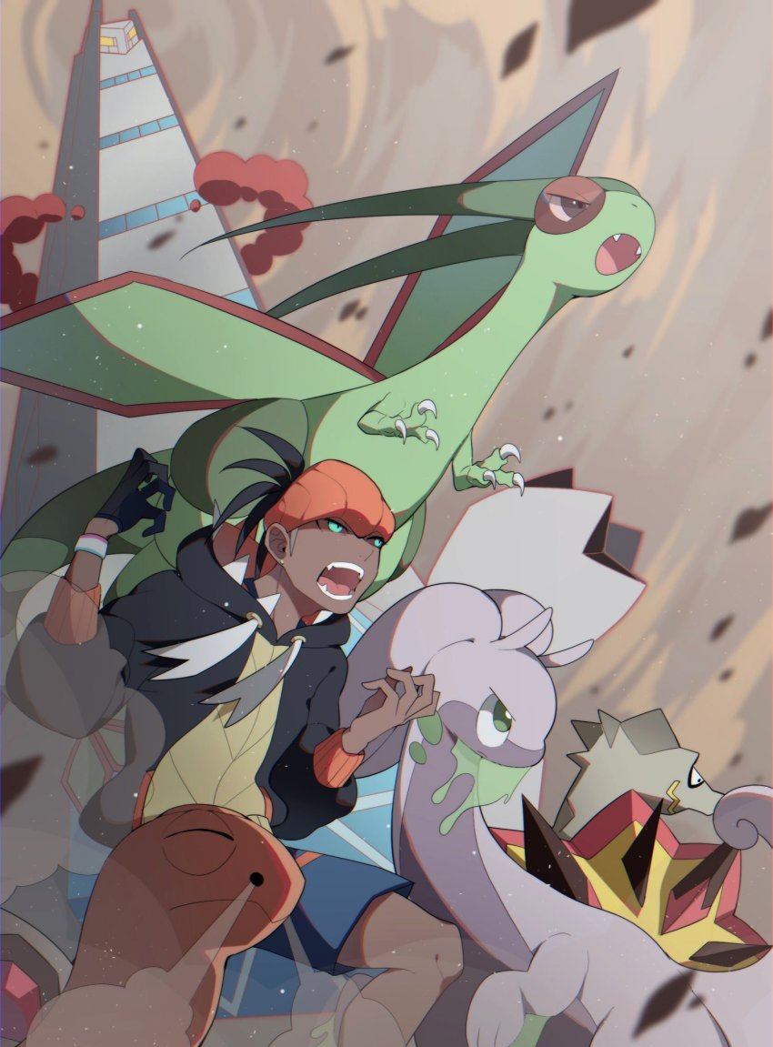 1boy aru_(citrine_drplt) black_hair black_hoodie dark-skinned_male dark_skin duraludon dynamax_band earrings flygon gen_3_pokemon gen_6_pokemon gen_7_pokemon gen_8_pokemon gigantamax gigantamax_duraludon gloves goodra green_eyes gym_leader hands_up highres hood hoodie jewelry male_focus nintendo open_mouth orange_headwear pokemon pokemon_(creature) pokemon_swsh raihan_(pokemon) short_hair shorts single_glove smoke teeth tongue torkoal turtonator undercut