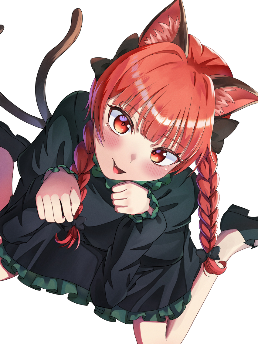 1girl absurdres black_bow black_shoes bow braid byoin_kaiteki3 cat_tail commentary dress fang frilled_dress frills from_above full_body hair_bow highres juliet_sleeves kaenbyou_rin long_hair long_sleeves looking_at_viewer multiple_tails open_mouth puffy_sleeves red_eyes red_hair shoes side_braids simple_background sitting skin_fang solo tail touhou twin_braids two_tails white_background