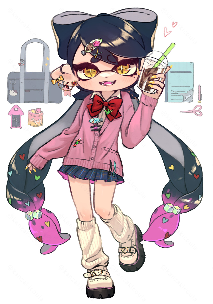 1girl bag black_hair black_skirt blush bow bow-shaped_hair bowtie bubble_tea callie_(splatoon) cardigan cellphone collared_shirt commentary_request contrapposto coula_cat cracked_screen cross-shaped_pupils cube_hair_ornament cup dot_nose drinking_straw earrings eyebrows_hidden_by_hair fangs fingernails floating_hair full_body grin hair_ornament hairclip heart highres holding holding_cup jewelry kneehighs long_fingernails long_hair looking_at_viewer loose_socks low-tied_long_hair miniskirt mole mole_under_eye multicolored_hair multiple_earrings nintendo notebook partially_unbuttoned pen phone pink_cardigan pink_hair plaid_clothes plaid_skirt platform_shoes pointy_ears red_bow red_bowtie school_uniform scissors shirt shoes shoulder_bag skirt sleeves_past_wrists smartphone smile socks solo splatoon_(series) standing standing_on_one_leg swept_bangs symbol-shaped_pupils tea tentacle_hair thick_eyebrows twitter_username two-tone_hair very_long_hair white_background white_shirt white_shoes x_hair_ornament yellow_eyes yellow_nails