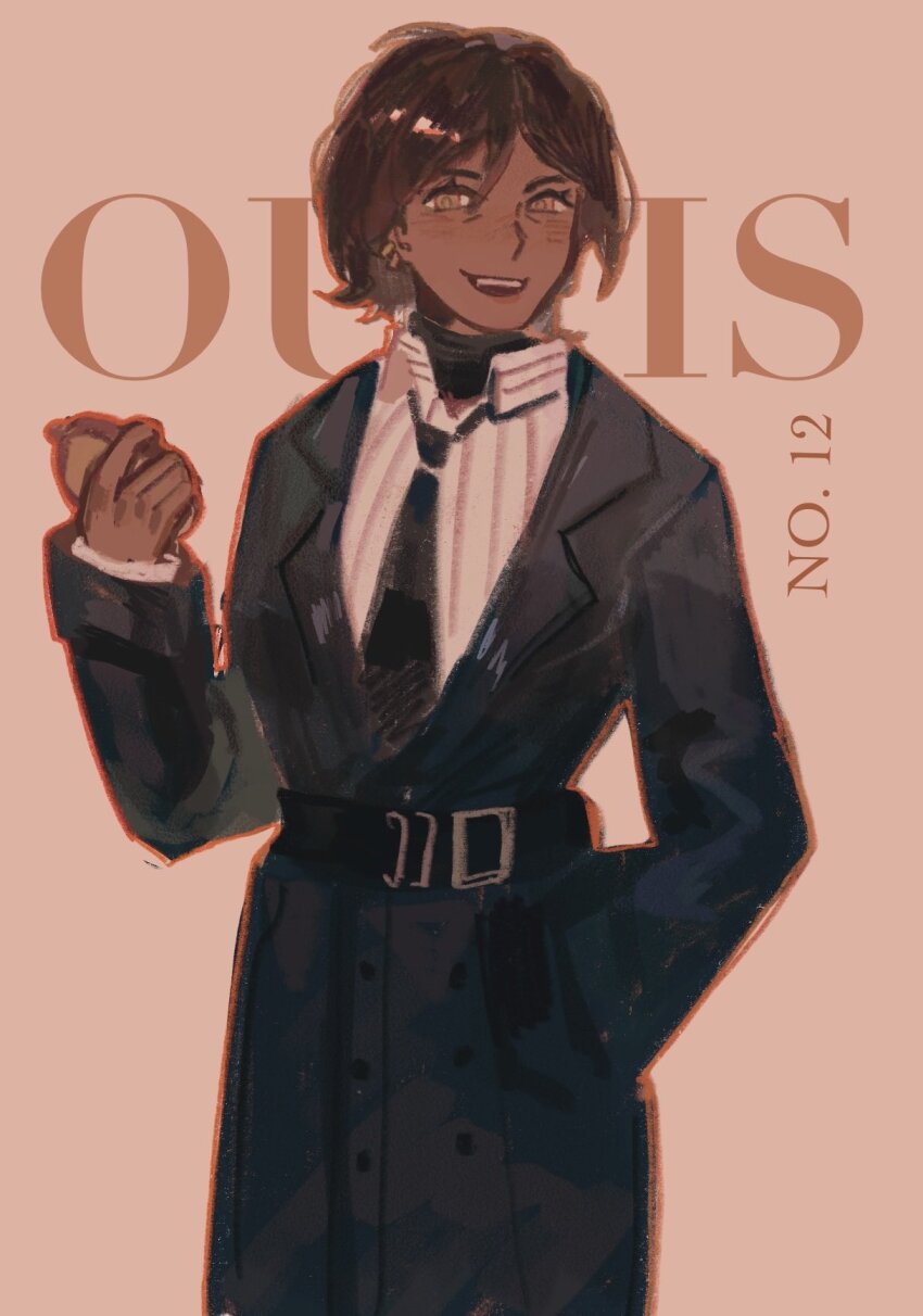1girl belt black_belt black_coat black_necktie brown_eyes brown_hair coat collared_shirt dark-skinned_female dark_skin e.g.o_(project_moon) earrings highres holding holding_pocket_watch jewelry limbus_company long_sleeves looking_at_viewer necktie oneii open_mouth orange_background outis_(project_moon) pocket_watch project_moon shirt short_hair simple_background solo standing striped_clothes to_pathos_mathos_(e.g.o) upper_body watch white_shirt