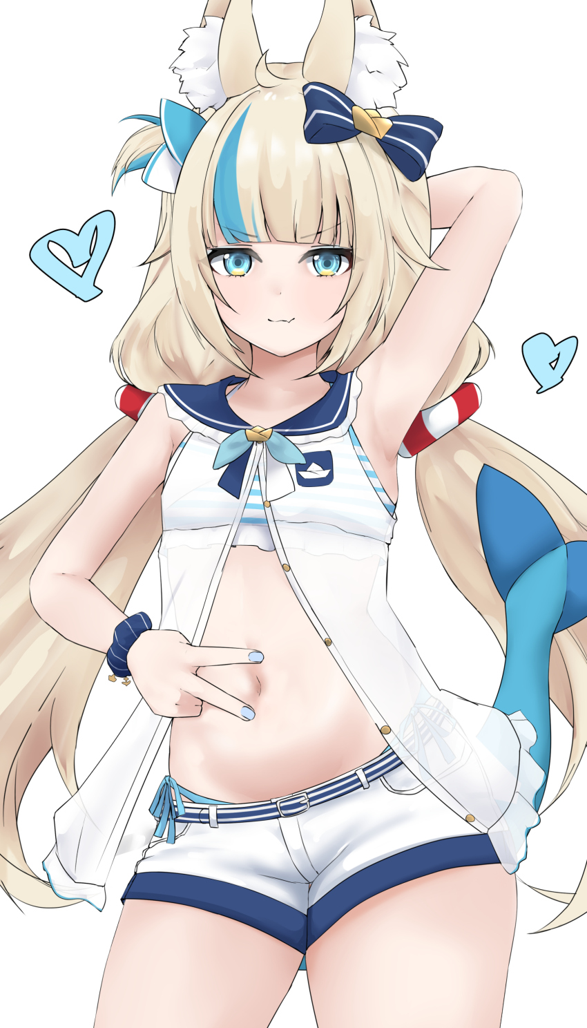 1girl absurdres aidoruhakase animal_ear_fluff animal_ears armpits bikini blonde_hair blue_bow bow closed_eyes cowboy_shot denim denim_shorts flat_chest hair_bow highres indie_virtual_youtuber long_hair looking_at_viewer midriff multicolored_hair navel sameko_saba short_shorts shorts simple_background sleeveless solo stomach streaked_hair swimsuit tail v very_long_hair virtual_youtuber white_background white_shorts