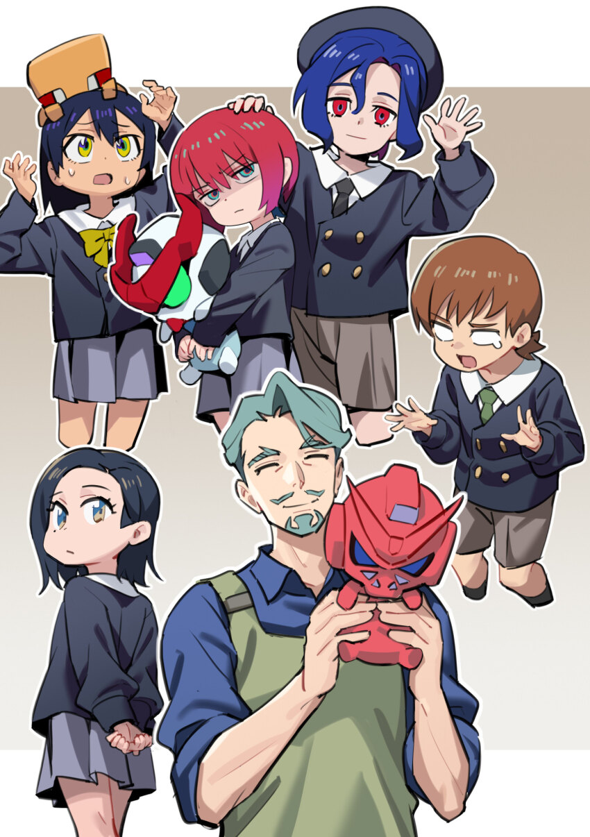 3boys 3girls aged_down amate_yuzuriha apron aqua_eyes beard beret black_hair blue_eyes blue_hair border brown_background brown_hair challia_bull child collared_shirt commentary_request comoli_harcourt cropped_legs facial_hair glaring gquuuuuux gradient_background green_hair gundam gundam_gquuuuuux hand_on_another&#039;s_head hat highres holding hugging_doll hugging_object jacket jitome liang_chan_xing_make_tu long_hair long_sleeves mecha mole mole_under_eye mole_under_mouth multicolored_eyes multiple_boys multiple_girls mustache neck_ribbon necktie non-humanoid_robot nyaan_(gundam_gquuuuuux) red_eyes red_gundam red_hair ribbon robot school_uniform shirt short_hair shorts shuji_ito skirt smile tearing_up two-tone_eyes white_border xavier_olivette yellow_eyes