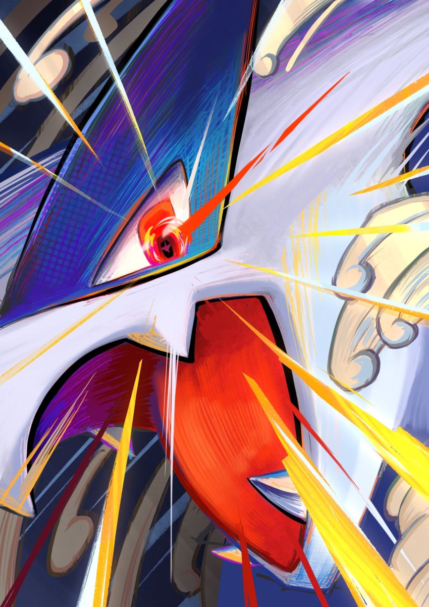 close-up cloud colored_skin emphasis_lines ezgk385 fang from_side gen_2_pokemon hashtag-only_commentary highres legendary_pokemon looking_at_viewer lugia nintendo no_humans open_mouth pokemon pokemon_(creature) pokemon_focus red_eyes red_tongue skin_fang solo upper_body white_skin
