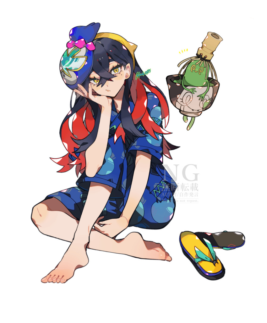 1girl barefoot black_hair blue_shirt blue_shorts carmine_(pokemon) colored_inner_hair commentary_request crossed_bangs hairband hand_on_own_face hand_up highres jinbei_(clothes) kawasaki_(kwsk_8765) long_hair looking_at_viewer mask mask_on_head mole mole_under_eye multicolored_hair nintendo notice_lines pokemon pokemon_(creature) pokemon_sv print_shirt print_shorts red_hair sandals shirt shorts sinistcha sitting twitter_username two-tone_hair unworn_footwear unworn_sandals yellow_eyes yellow_hairband
