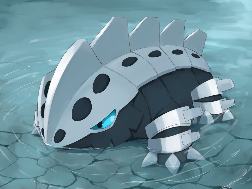aqua_eyes claws commentary day full_body gen_3_pokemon highres kou11021301 lairon nintendo no_humans outdoors pokemon pokemon_(creature) pokemon_focus ripples solo symbol-only_commentary wading water