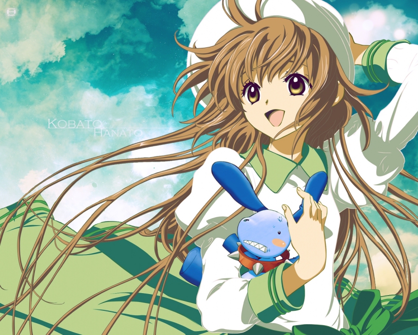 00s 1girl cloud female_focus hanato_kobato hat ioryogi kobato. long_hair outdoors school_uniform sky solo stuffed_animal stuffed_dog stuffed_toy upper_body