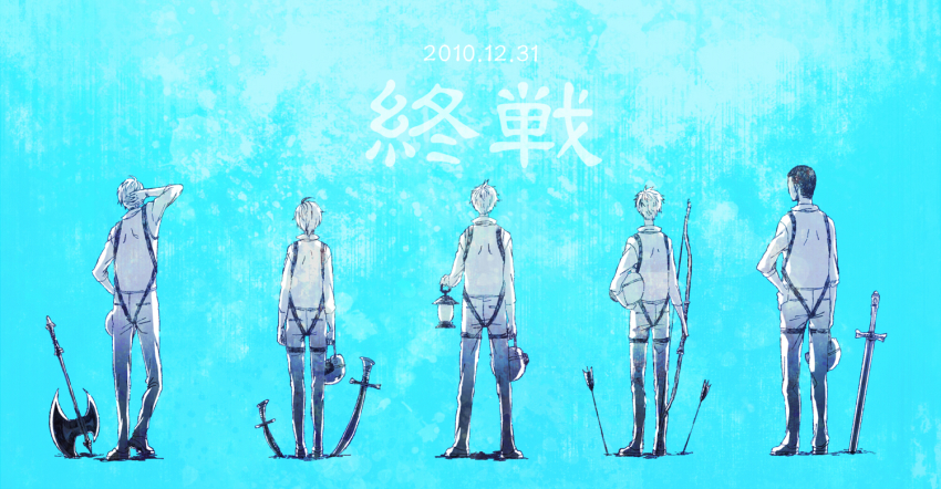 1girl 4boys ace_combat ace_combat_5 alvin_h_davenport arrow_(projectile) axe back blaze blue_theme bow_(weapon) dated hand_on_own_hip hans_grimm helmet holding holding_bow_(weapon) holding_weapon kei_nagase lantern marcus_snow monochrome multiple_boys namco pilot_suit planted planted_arrow planted_axe standing sword translation_request weapon