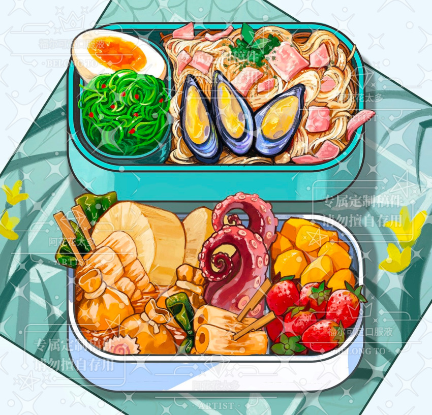 bento bluebluecathy commentary_request food food_focus food_request fruit ham kamaboko narutomaki no_humans noodles original skewer softboiled_egg strawberry tentacles watermark