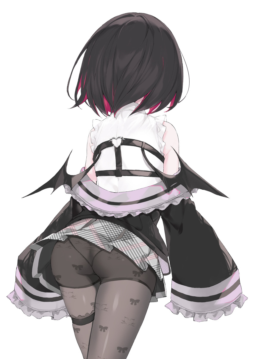 1girl absurdres ass bare_shoulders black_hair bow bow_print detached_sleeves fake_wings from_behind highres indie_virtual_youtuber jacket long_sleeves mini_wings multicolored_hair nanananana off_shoulder panties panties_under_pantyhose pantyhose pink_hair rikotan_(vtuber) scan shiny_clothes short_hair simple_background skirt sleeves_past_wrists solo thigh_strap two-tone_hair underwear virtual_youtuber wedgie white_background wings