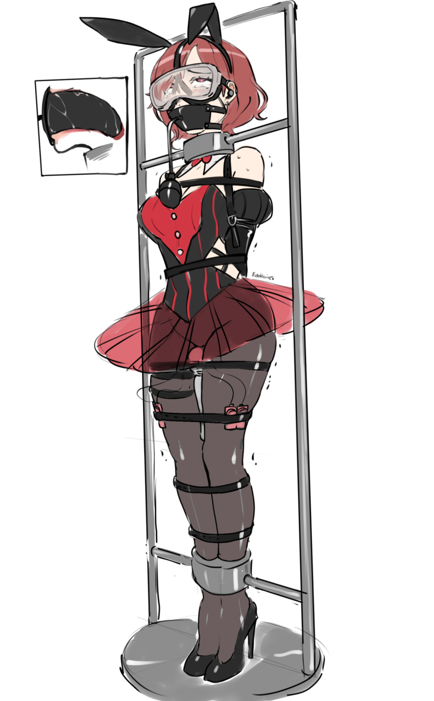 1girl animal_ear_hairband animal_ears armbinder arms_behind_back bdsm bondage bound bound_ankles bound_arms bound_legs bound_torso bound_wrists bow bowtie breast_bondage breasts brown_hair detached_collar eudetenis fake_animal_ears gag gag_harness gagged hairband highres higuchi_madoka idolmaster idolmaster_shiny_colors immobilization leotard mole mole_under_eye muzzle_gag object_insertion playboy_bunny purple_eyes rabbit_ear_hairband rabbit_ears red_bow red_bowtie red_skirt restrained sex_toy shibari shibari_over_clothes short_hair skirt standing_restraints stationary_restraints strap swept_bangs upright_restraints vibrator