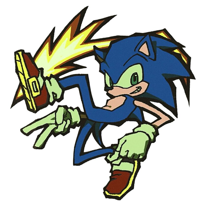 1boy blue_fur full_body furry furry_male gloves green_eyes grin hedgehog_boy kicking looking_at_viewer luckyboysquad male_focus red_shoes shoes smile solo sonic_(series) sonic_the_hedgehog teeth v white_background white_gloves