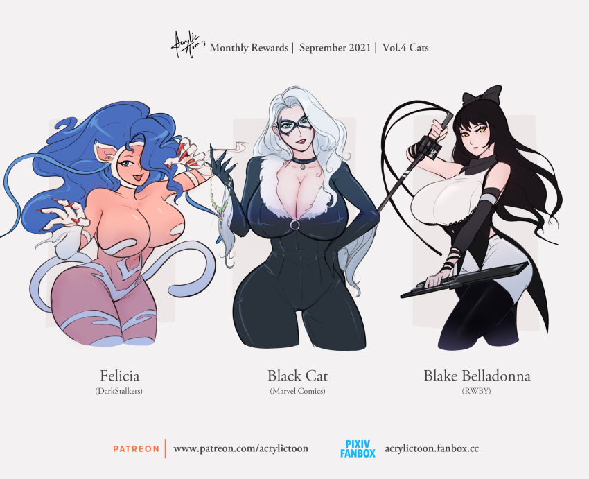 3girls acrylictoon black_cat_(marvel) blake_belladonna blue_eyes blue_hair bodysuit breasts capcom choker claws cleavage curvy felicia_(darkstalkers) female_focus green_eyes hair_ribbon highres huge_breasts jewelry lipstick long_hair looking_at_viewer makeup marvel mask matching_hair/eyes multiple_girls navel necklace ribbon rwby tail thick_thighs thighs darkstalkers weapon white_hair yellow_eyes