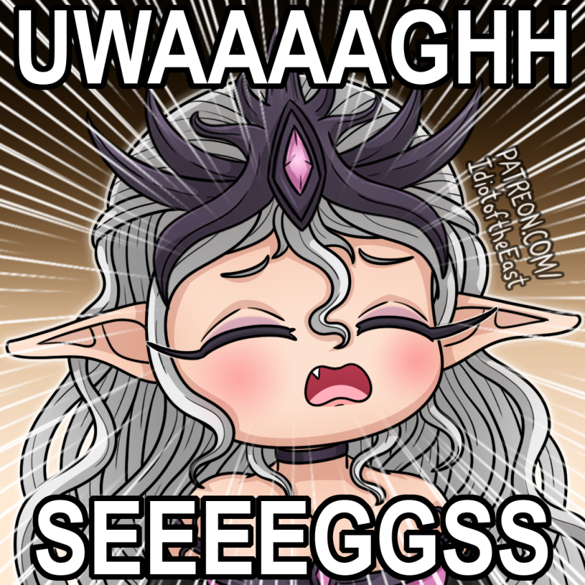 1girl bare_shoulders black_choker choker closed_eyes emphasis_lines fang frown grey_hair half_updo headpiece idiot_of_the_east meme open_mouth parody pointy_ears portrait seggs_(meme) slaanesh solo warhammer_40k watermark wavy_hair web_address
