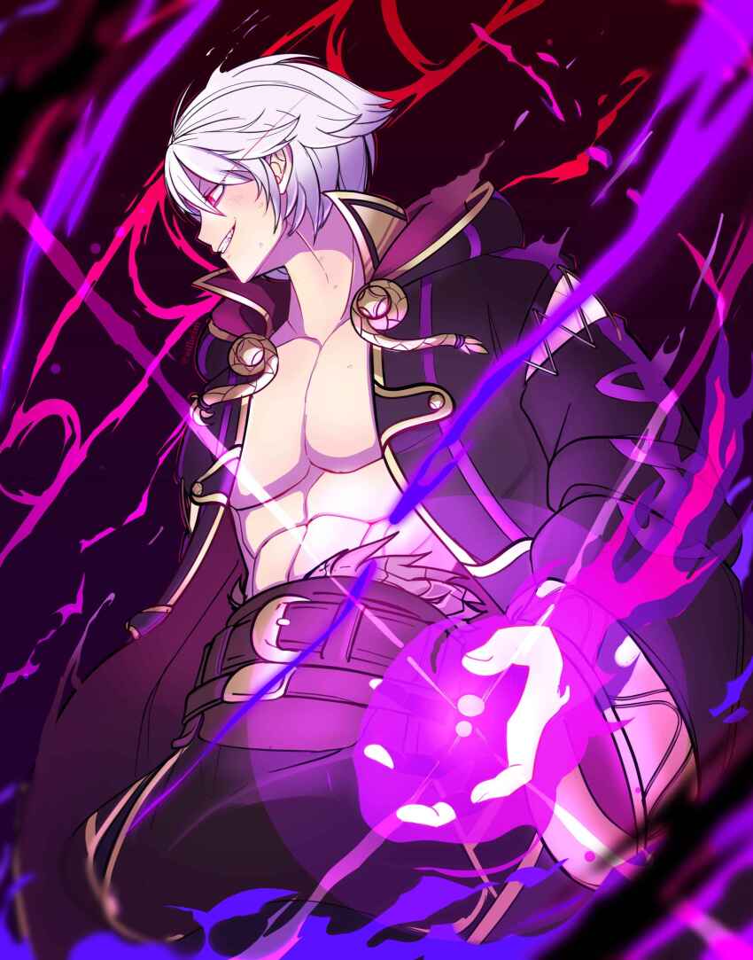 1boy abs absurdres ailheim aura belt black_coat black_pants brown_belt coat commentary dark_aura english_commentary fire_emblem fire_emblem_awakening grima_(fire_emblem) grin highres hood hood_down hooded_coat male_focus male_robin_(fire_emblem) male_robin_(grima)_(fire_emblem) nintendo pants pectorals profile purple_aura red_eyes smile twitter_username white_hair