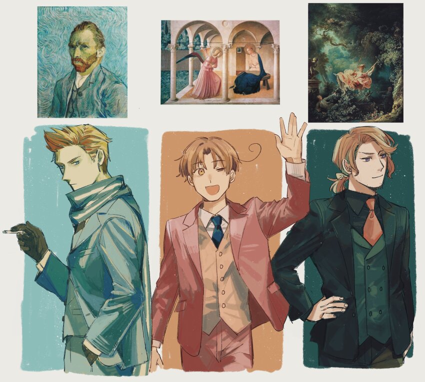 3boys absurdres ahoge axis_powers_hetalia black_gloves blonde_hair blue_necktie brown_hair buttons cigarette collared_shirt color_guide facing_viewer fine_art_parody france_(hetalia) from_side furrowed_brow gloves hand_in_pocket hand_on_own_hip hand_up highres holding holding_cigarette jacket looking_to_the_side mi_kan1609 multiple_boys necktie netherlands_(hetalia) northern_italy_(hetalia) open_clothes open_jacket open_mouth parody ponytail red_necktie scarf shirt short_ponytail smirk spiked_hair striped_clothes striped_scarf the_swing van_gogh_self-portrait vest vincent_van_gogh_(style)