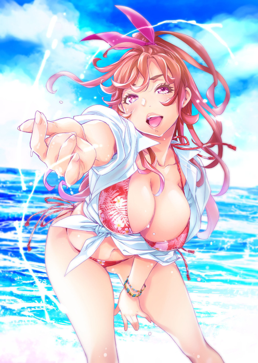 1girl ayukawa_kaoruko bikini bikini_under_clothes blush bracelet breasts cleavage cover cover_page eyelashes feet_out_of_frame female_focus floating_hair floral_print gluteal_fold head_tilt highres ingoshima jewelry large_breasts leaning_forward lips long_hair looking_at_viewer manga_cover navel ocean official_art open_clothes open_mouth outstretched_arm pink_eyes red_bikini red_hair shiny_skin shirt skindentation sky sleeves_rolled_up smile swimsuit teeth textless_version thick_eyebrows tied_shirt upper_teeth_only wet white_shirt yoshiki_tanaka