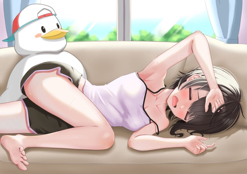 1girl arm_up armpits bare_legs barefoot black_shorts blush breasts brown_hair cleavage closed_eyes collarbone couch curtains day dolphin_shorts foot_out_of_frame highres hololive indoors legs lying medium_hair on_couch on_side oozora_subaru open_mouth shadow short_shorts shorts small_breasts soles subaru_duck sweat sweatdrop tank_top toes toramaru_orange virtual_youtuber white_tank_top window