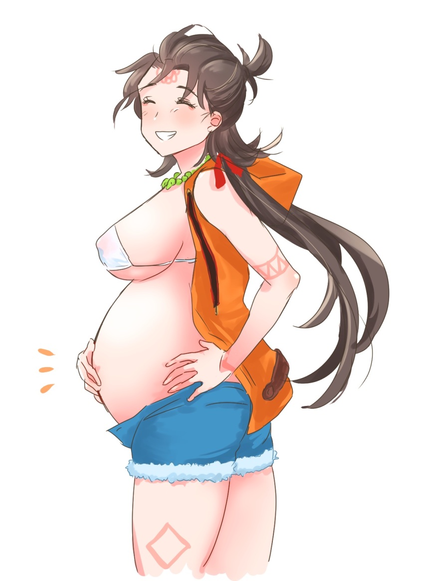 1girl @mi_ne_ral bead_necklace beads bikini blue_shorts blush body_markings boots breasts brown_boots brown_hair cleavage closed_eyes commentary_request cutoff_jeans cutoffs facial_mark fate/grand_order fate_(series) forehead_mark grin hand_on_own_hip hand_on_own_stomach heroic_spirit_tour_outfit highres himiko_(fate) himiko_(tour_outfit)_(fate) hood hood_down hooded_vest hoodie jewelry large_breasts long_hair low_twintails magatama magatama_necklace mi_(user_cfhn8773) navel necklace open_clothes open_mouth open_vest orange_vest pregnant shadow shorts smile solo swimsuit twintails very_long_hair vest white_background white_bikini