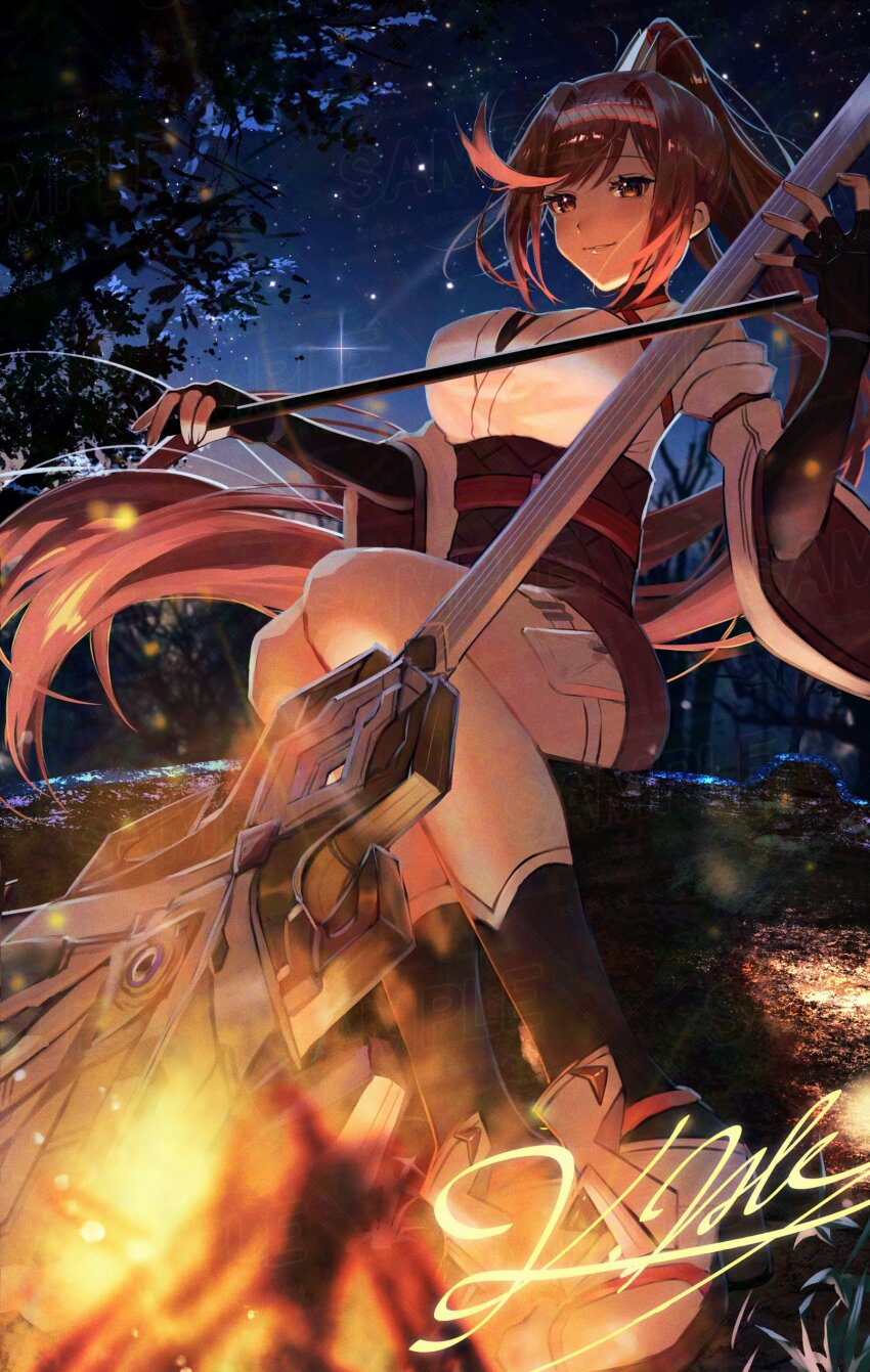 1girl absurdres bare_shoulders breasts brown_eyes brown_hair campfire glimmer_(xenoblade) high_ponytail highres instrument kyosuke1413koba large_breasts long_hair music nature night outdoors playing_instrument ponytail sitting solo very_long_hair xenoblade_chronicles_(series) xenoblade_chronicles_3