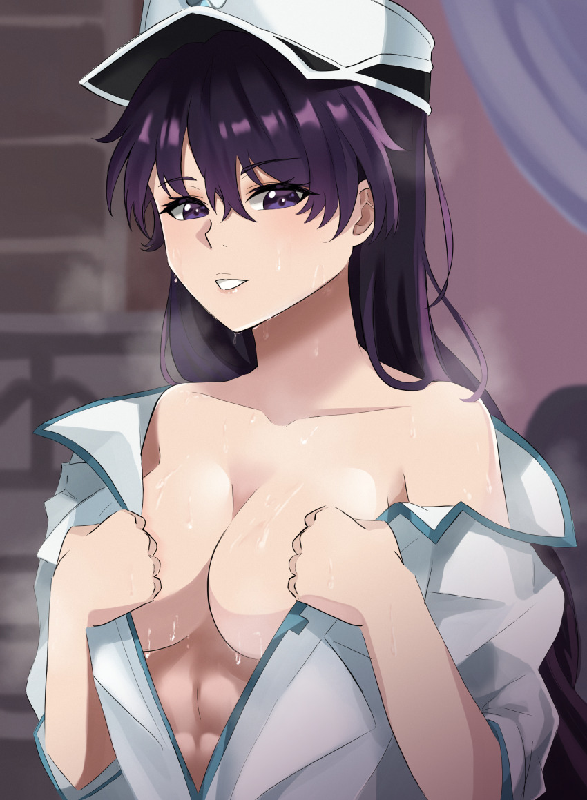 1girl abs absurdres artist_request bambietta_basterbine bare_shoulders black_hair bleach bleach:_sennen_kessen-hen breasts collarbone female_focus hat highres jacket long_hair medium_breasts military_hat quincy_(bleach) sternritter sweat