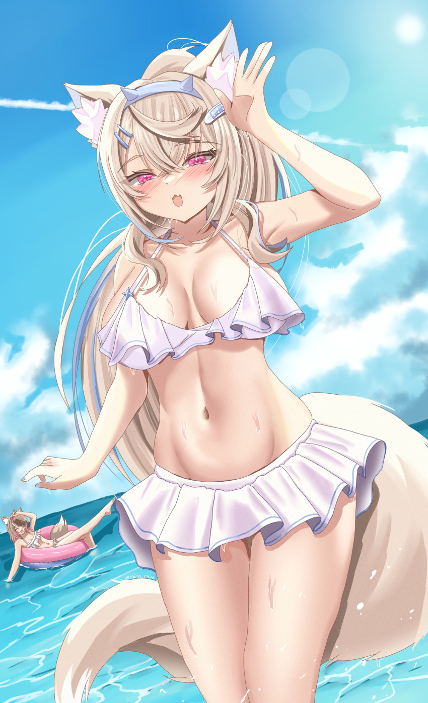 2girls absurdres alternate_costume alternate_hairstyle animal_ear_fluff animal_ears aqua_eyes aqua_hair aqua_nails arm_up bandaid bandaid_hair_ornament bare_shoulders beach bikini bikini_skirt blonde_hair blush breasts cloud cloudy_sky collarbone dog_ears dog_girl dog_tail frilled_bikini frilled_bikini_top frills fuwawa_abyssgard hair_between_eyes hair_ornament hairclip highres hololive hololive_english large_breasts long_hair looking_at_viewer mococo_abyssgard multicolored_hair multiple_girls navel one_eye_closed open_mouth parallel_hairclips pink_eyes short_hair siblings sisters sky smile stomach swim_ring swimsuit tail tracen_swimsuit twins varo_006 virtual_youtuber white_bikini