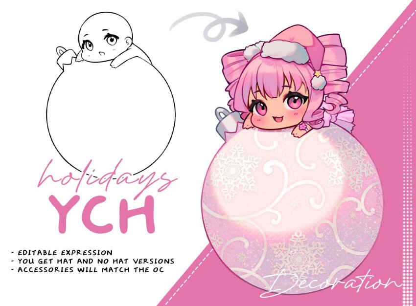 1girl arrow_(symbol) bracelet cherry_blossoms chibi christmas christmas_ornaments commentary dotted_line dress drill_hair english_commentary english_text eyelashes eyeshadow flower fur-trimmed_headwear fur_trim hair_ornament halftone happy hat hat_ornament hyanna-natsu jewelry light_blush long_hair looking_at_viewer makeup mini_person minigirl open_mouth original pink_background pink_dress pink_eyes pink_eyeshadow pink_flower pink_hair pink_hat pleated_dress pom_pom_(clothes) pom_pom_hair_ornament puffy_short_sleeves puffy_sleeves ringlets santa_hat short_dress short_sleeves smile star_(symbol) star_hat_ornament tan tareme twin_drills twintails two-tone_background white_background wrist_flower ych_commission