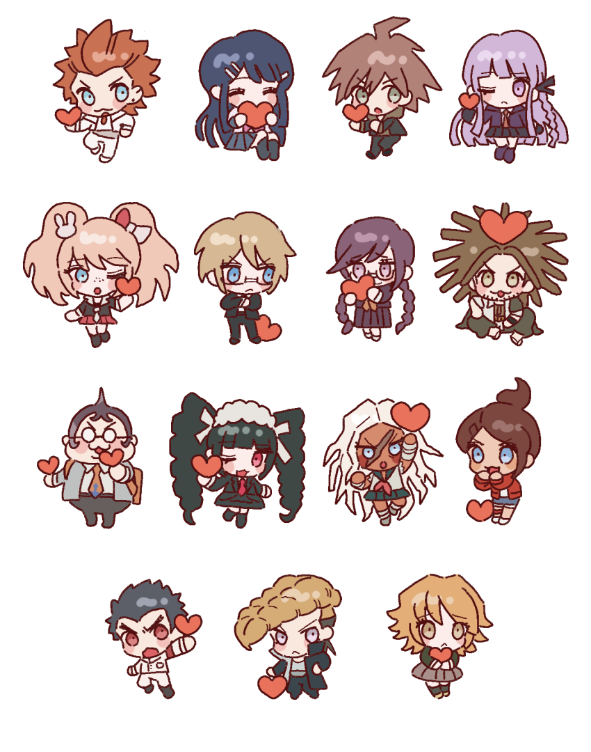 30en_(esx5g) 6+boys 6+girls :o ahoge asahina_aoi black_hair black_ribbon blonde_hair blue_eyes blush bow braid brown_hair celestia_ludenberg chibi cosplay danganronpa:_trigger_happy_havoc danganronpa_(series) dark-skinned_female dark_skin enoshima_junko enoshima_junko_(cosplay) everyone freckles fujisaki_chihiro fukawa_toko glasses hagakure_yasuhiro hair_bow hair_ornament hair_ribbon hairclip headdress heart highres ikusaba_mukuro ishimaru_kiyotaka jacket kirigiri_kyoko kuwata_leon long_hair long_sleeves looking_at_viewer maizono_sayaka multicolored_hair multiple_boys multiple_girls naegi_makoto necktie ogami_sakura owada_mondo pink_hair rabbit_hair_ornament ribbon school_uniform short_hair simple_background skirt smile togami_byakuya twintails two-tone_hair yamada_hifumi