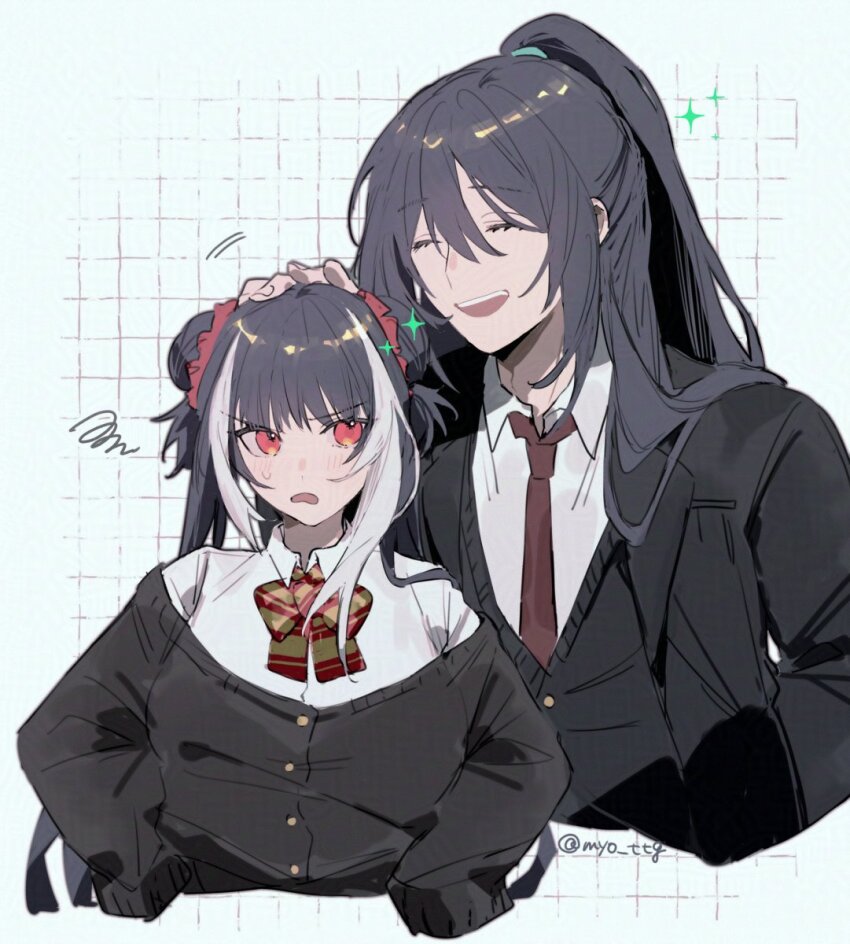 1boy 1girl alternate_costume annoyed black_cardigan black_coat black_hair black_vest bow bowtie cardigan closed_eyes coat collared_shirt double_bun hair_bun headpat high_ponytail highres hong_lu_(project_moon) jia_xichun_(project_moon) limbus_company long_hair long_sleeves looking_at_another multicolored_hair myo_(mio) necktie open_mouth ponytail project_moon red_bow red_bowtie red_eyes red_necktie shirt siblings simple_background smile streaked_hair twintails upper_body vest white_background white_shirt